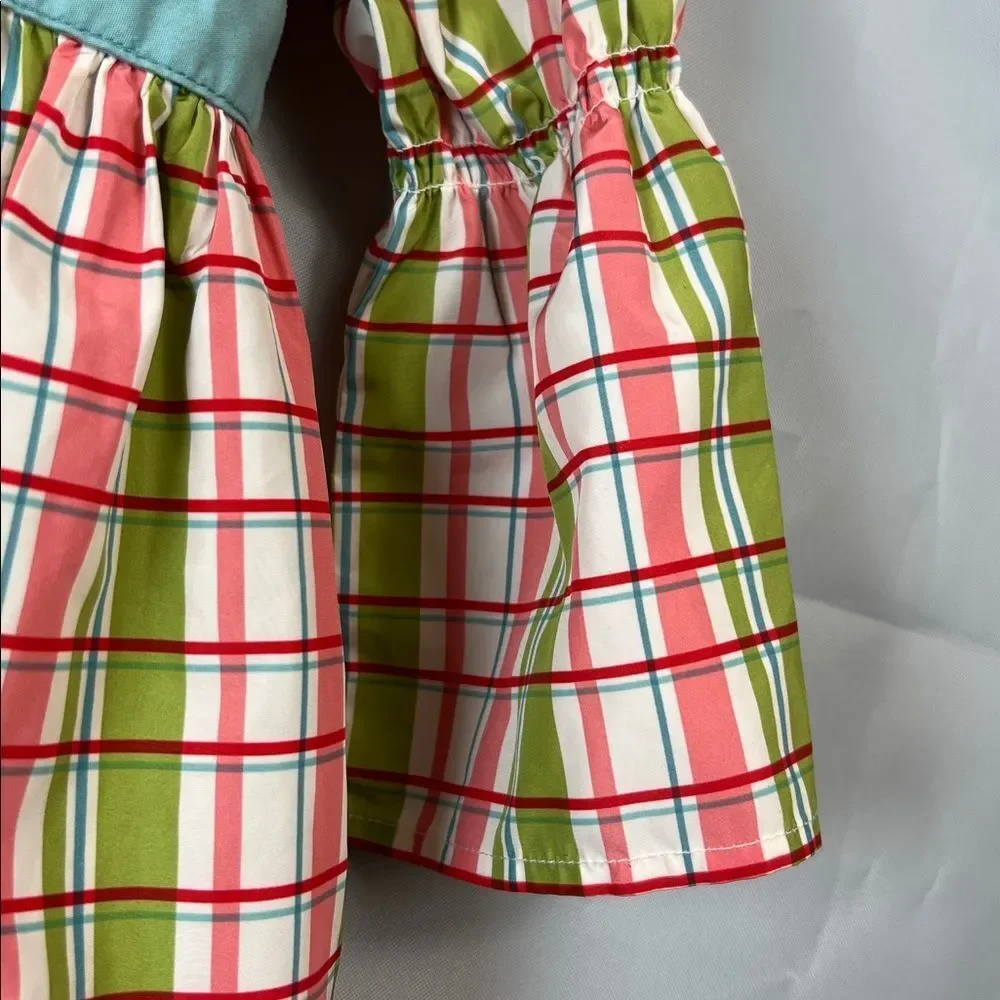 Matilda Jane Secret Fields green and pink plaid peasant top teal sash size 4